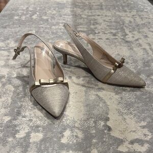 Linen and Gold Slingback Kitten Heels